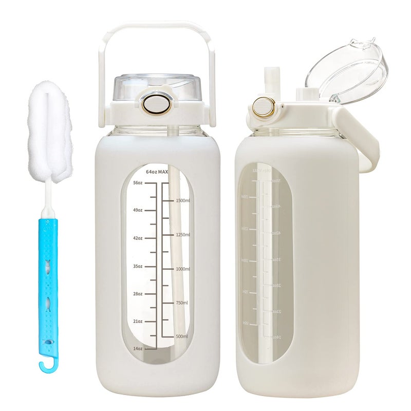 chunmo 42oz/52oz/64oz Glass Water Bolttles with Straw Half Gallon Large Motivational Water Bottle with Time Marker Sports Water Bottles with Silicone Sleeve and Handle Lid Water Jug for Gym Workout - Image 1