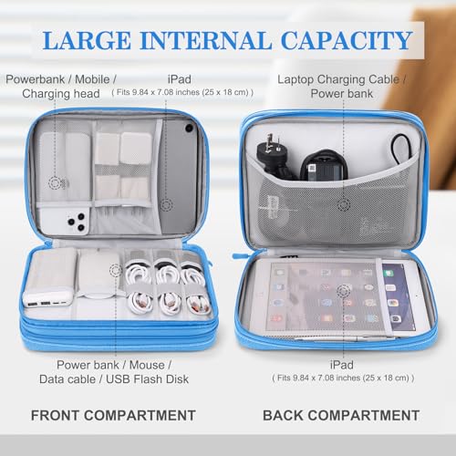 FYY Electronic Organizer, Extra Large Travel Cable Organizer Bag Pouch Portable Waterproof Double Layers All-in-One Storage Bag for iPad, Cable, Power Bank, Laptop Charger for Office/Home, Cyan - Image 3