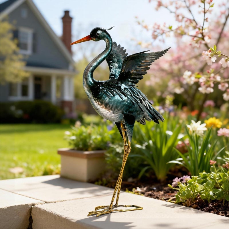 chisheen Crane Garden Statue Sculpture, Metal Heron Outdoor Decor, Yard Art Bird Decoy for Backyard Pond Patio Porch Lawn Decorations - Image 1