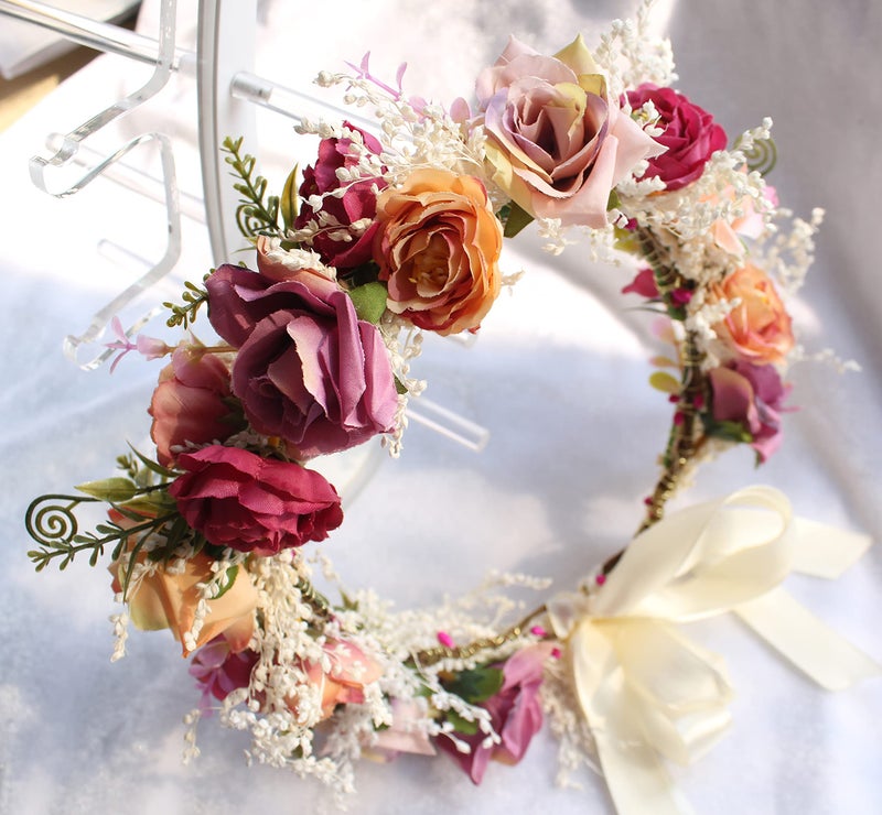 Vivivalue Rose Flower Crown Boho Flower Headband Hair Wreath Floral Headpiece Halo with Ribbon Wedding Party Festival Photos Pink - Image 3