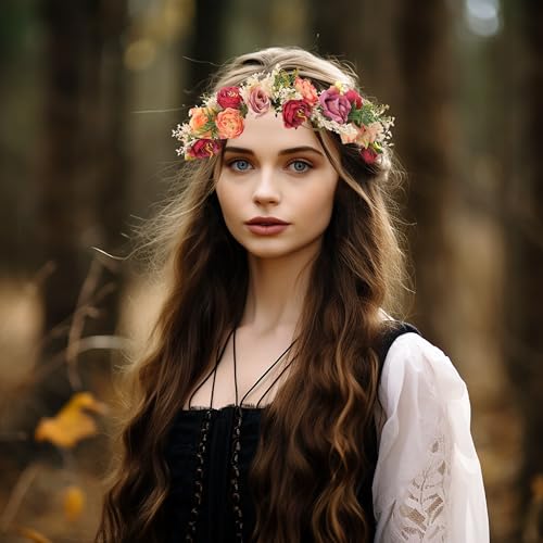 Vivivalue Rose Flower Crown Boho Flower Headband Hair Wreath Floral Headpiece Halo with Ribbon Wedding Party Festival Photos Pink - Image 4