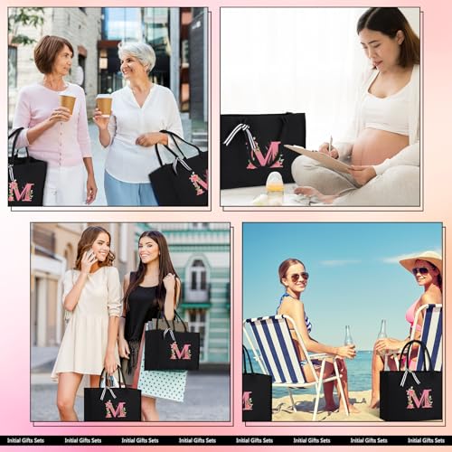 Locmeo Monogram Initial Tote Bag for Women Initial Canvas Makeup Bag Tumbler Personalized Gift for Birthday Wedding WorkLetter M - Image 3