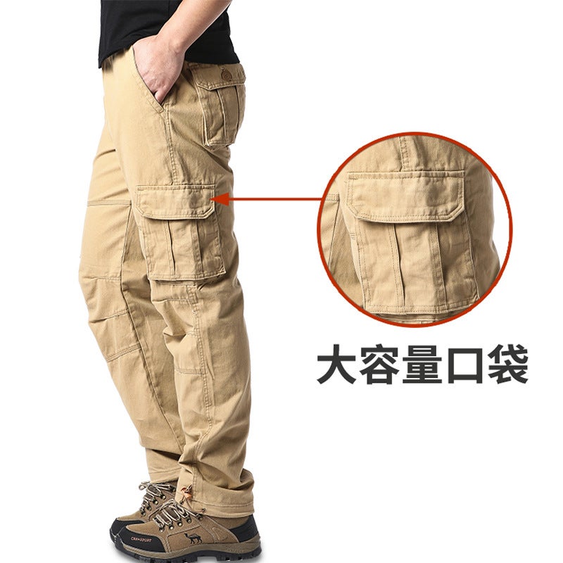 Mens Cotton Multi-Pocket Cargo Pants Velcro khaki  - Image 1