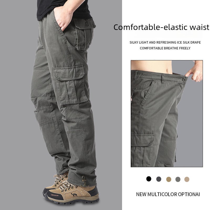 Mens Cotton Multi-Pocket Cargo Pants Velcro khaki  - Image 4