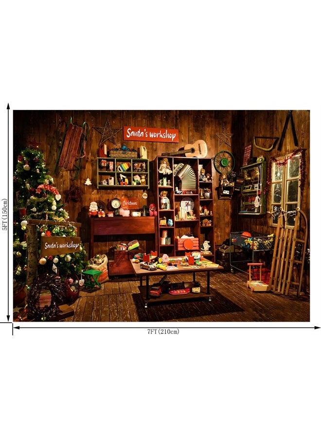 OUYIDA Christmas Santa's Workshop Photography Backdrop Vintage Rustic Wood House Cottage Gift Xmas Tree Decoration Background Kids Indoor Portrait Photo Studio Photobooth Props 7X5FT CEM251B - Image 2