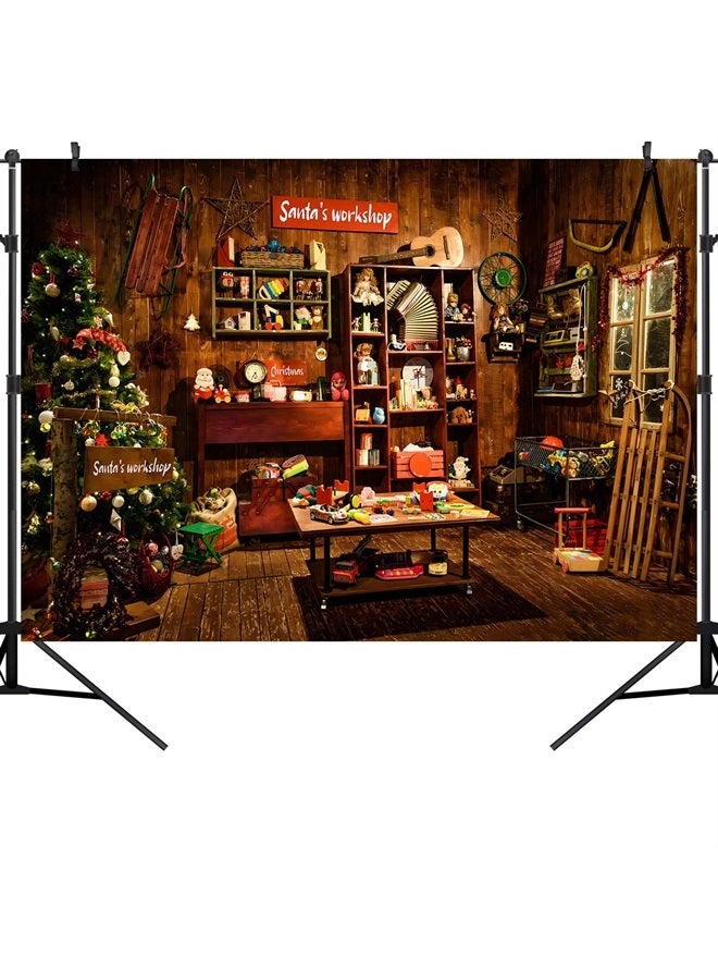 OUYIDA Christmas Santa's Workshop Photography Backdrop Vintage Rustic Wood House Cottage Gift Xmas Tree Decoration Background Kids Indoor Portrait Photo Studio Photobooth Props 7X5FT CEM251B - Image 1