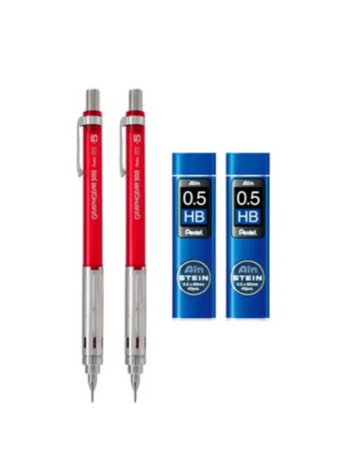 Pentel 2-Piece Graph Gear 300 Mechanical Pencil 0.5mm Tip Red Barrel With Two Pack of Leads - Image 1