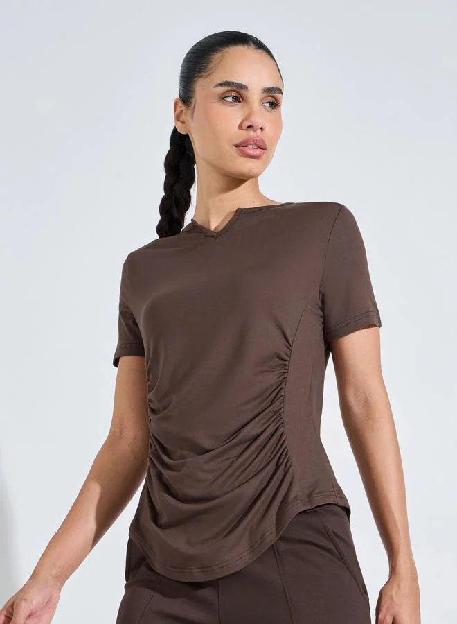 Styli Active Brown Solid Ruched Activewear T-Shirt