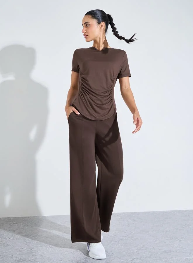 Styli Active Brown Solid Ruched Activewear T-Shirt