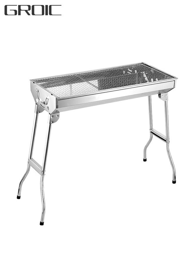 GROIC Folding Charcoal Barbecue Grill Stainless Steel Portable Travel with Legs Lightweight Foldable for Camping Picnic Outdoor - 73.5*70*33.5cm  Silver  - Image 1