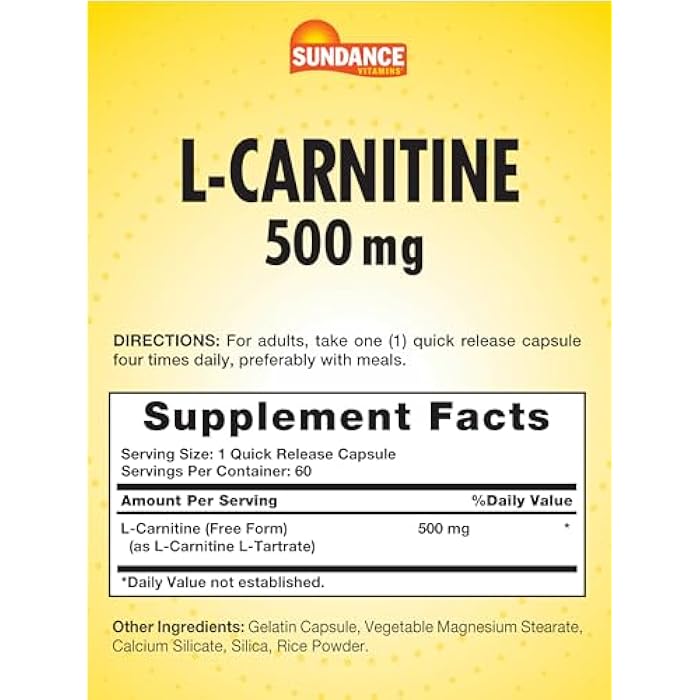 Sundance L-Carnitine as L-Tartrate Supplement 500mg | 60 Capsules | Free Form Amino Acid | Non-GMO and Gluten Free Pills - Image 2