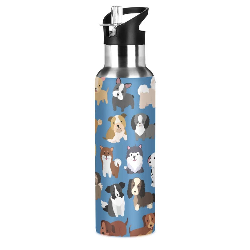 Puppy Dog Blue Water Bottle with Straw Lid Kids Insulated Stainless Steel Water Flask Sports 20 Oz Hot Cold