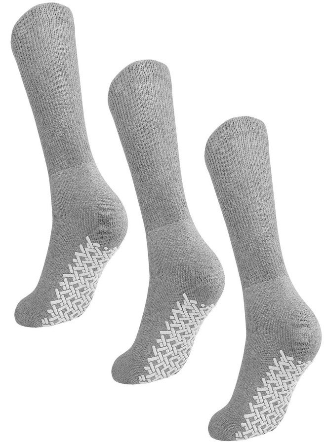Falari Men Women Anti Slip Grip Non Skid Crew Cotton Diabetic Socks For Home Hospital (3-pairs Grey, 9-11 Women/Men Size) - Image 1