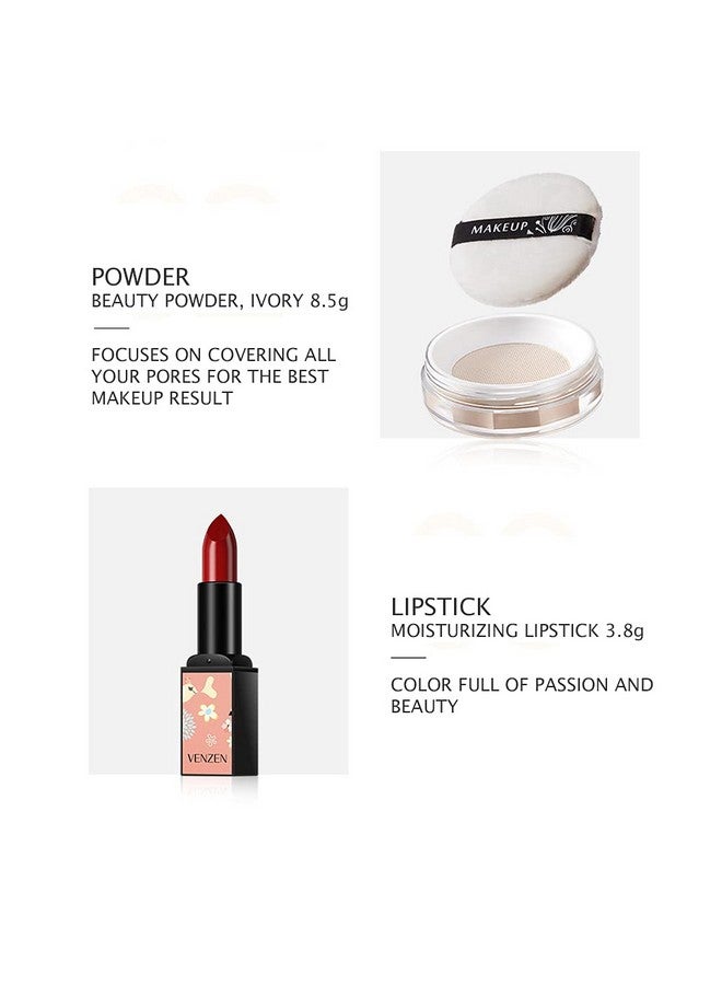 VENZEN Makeup Beauty Cream 3pcs Gift Box Carpet Flowers Colors Ivory White Foundation Powder Moisturizing Concealer Lipstick - Image 3