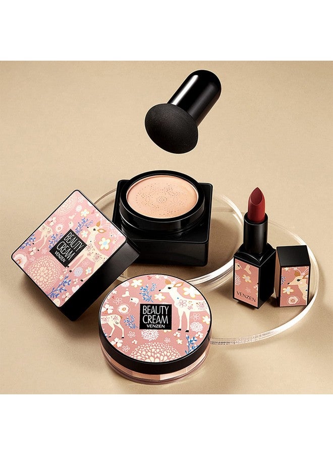 VENZEN Makeup Beauty Cream 3pcs Gift Box Carpet Flowers Colors Ivory White Foundation Powder Moisturizing Concealer Lipstick - Image 1