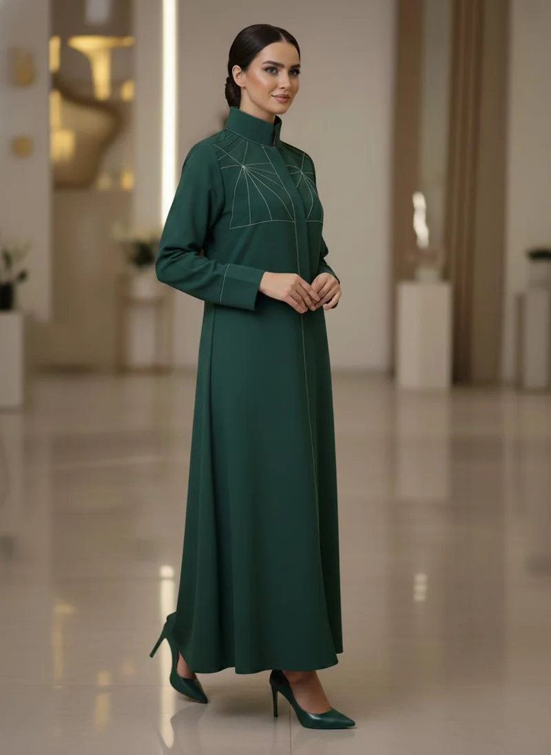 أم سكوير فاشن Bold And Modern Green Cobra Crepe Abaya Mandarin Collar Edition
