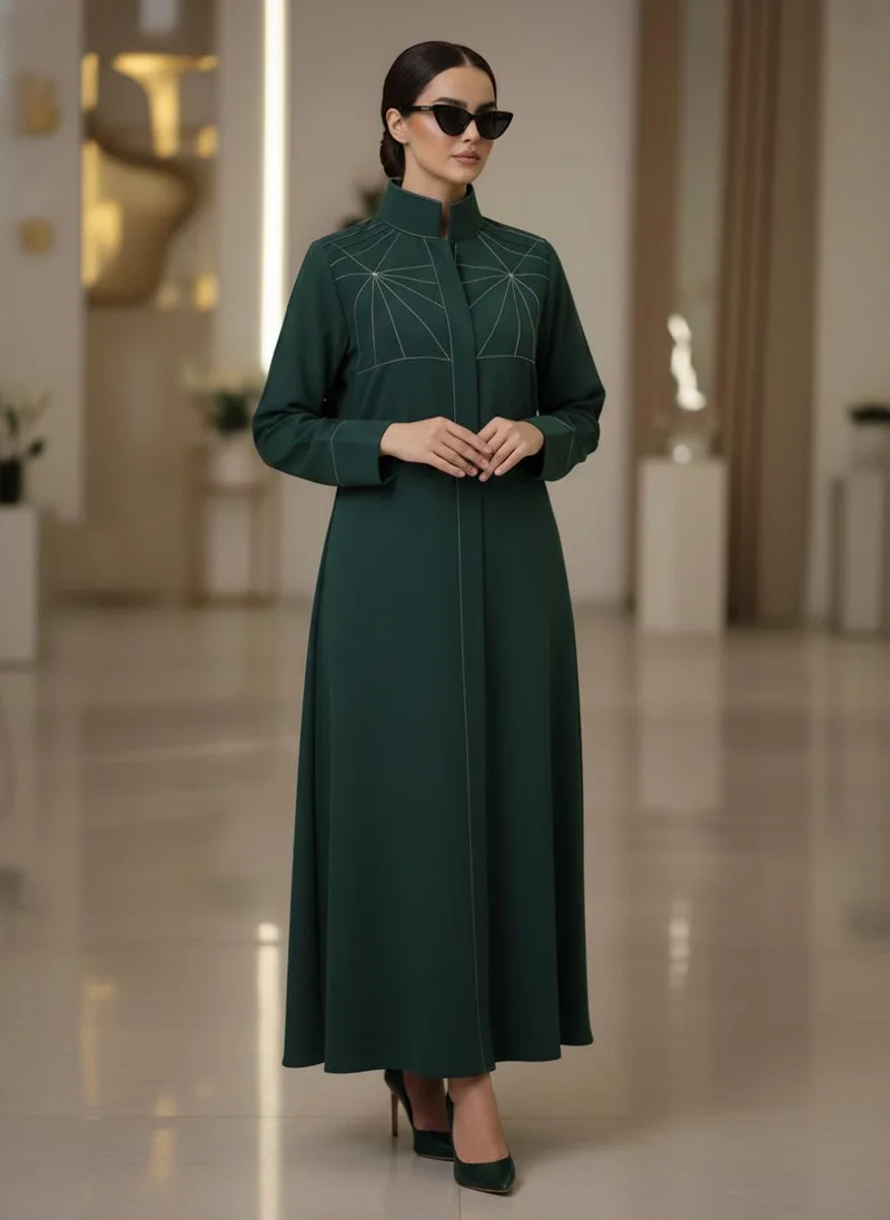 أم سكوير فاشن Bold And Modern Green Cobra Crepe Abaya Mandarin Collar Edition