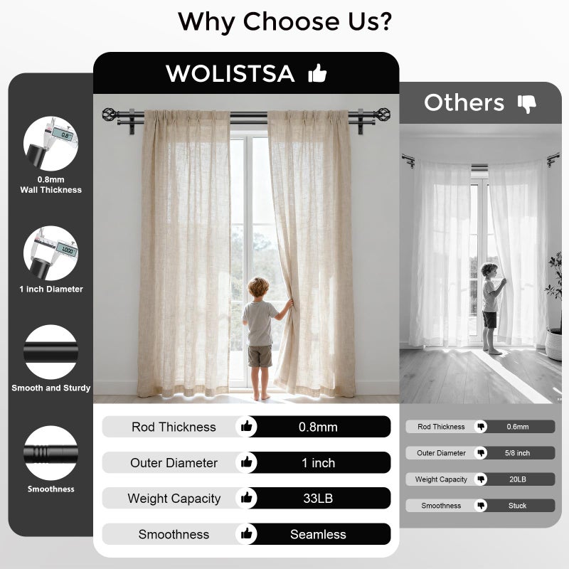 Wolistsa Double Curtain Rod 84 to 120 Inch, Black Long Dual Curtain Rods with Decorative Aluminium Twisted Cage Finial, 1 Inch Adjustable Heavy Duty Telescopic Spliced Window Treatment Rods, All Metal - Image 4