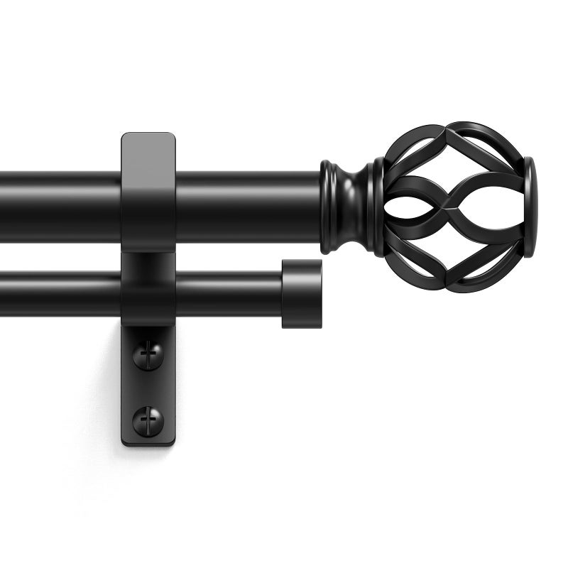 Wolistsa Double Curtain Rod 84 to 120 Inch, Black Long Dual Curtain Rods with Decorative Aluminium Twisted Cage Finial, 1 Inch Adjustable Heavy Duty Telescopic Spliced Window Treatment Rods, All Metal - Image 1