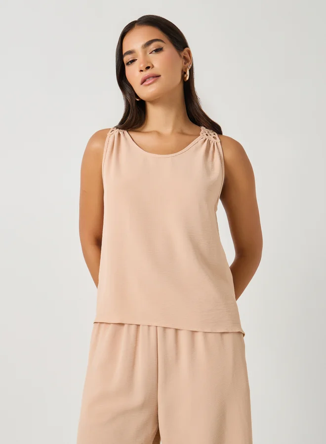 Styli Solid Lace Insert Sleeveless Top and Wide Leg Pants Co-Ords