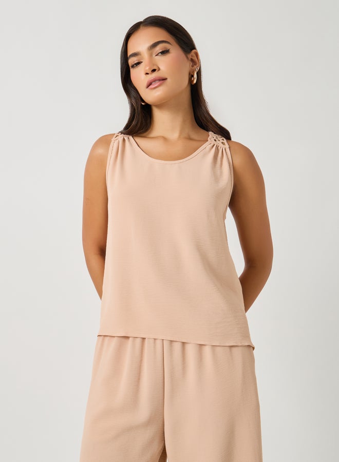 Styli Solid Lace Insert Sleeveless Top and Wide Leg Pants Co-Ords  - Image 3