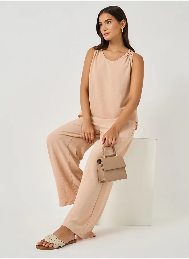 Styli Solid Lace Insert Sleeveless Top and Wide Leg Pants Co-Ords