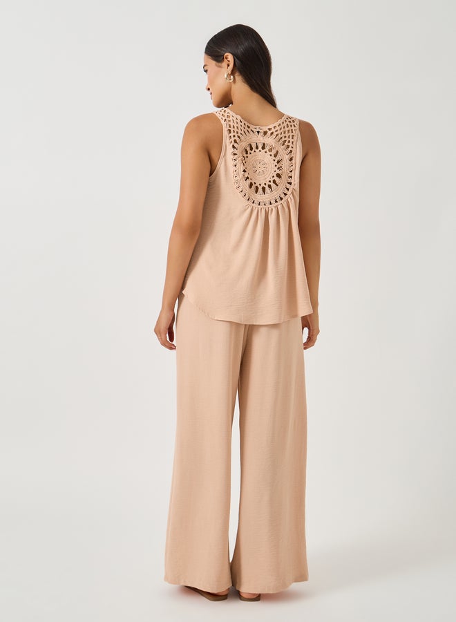 Styli Solid Lace Insert Sleeveless Top and Wide Leg Pants Co-Ords  - Image 5