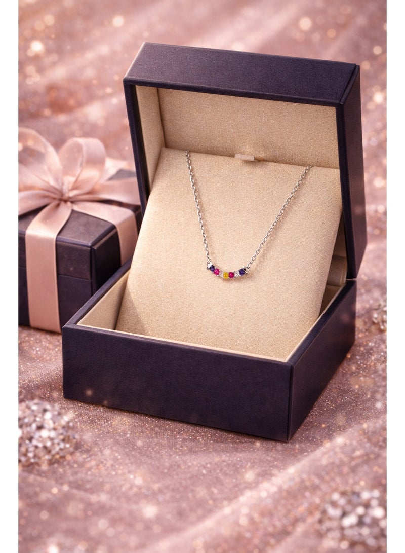 FINE SILVER 925 Sterling Silver Women's Arc Pendant Necklace with Vibrant Multi-Colored Gemstones - Image 2