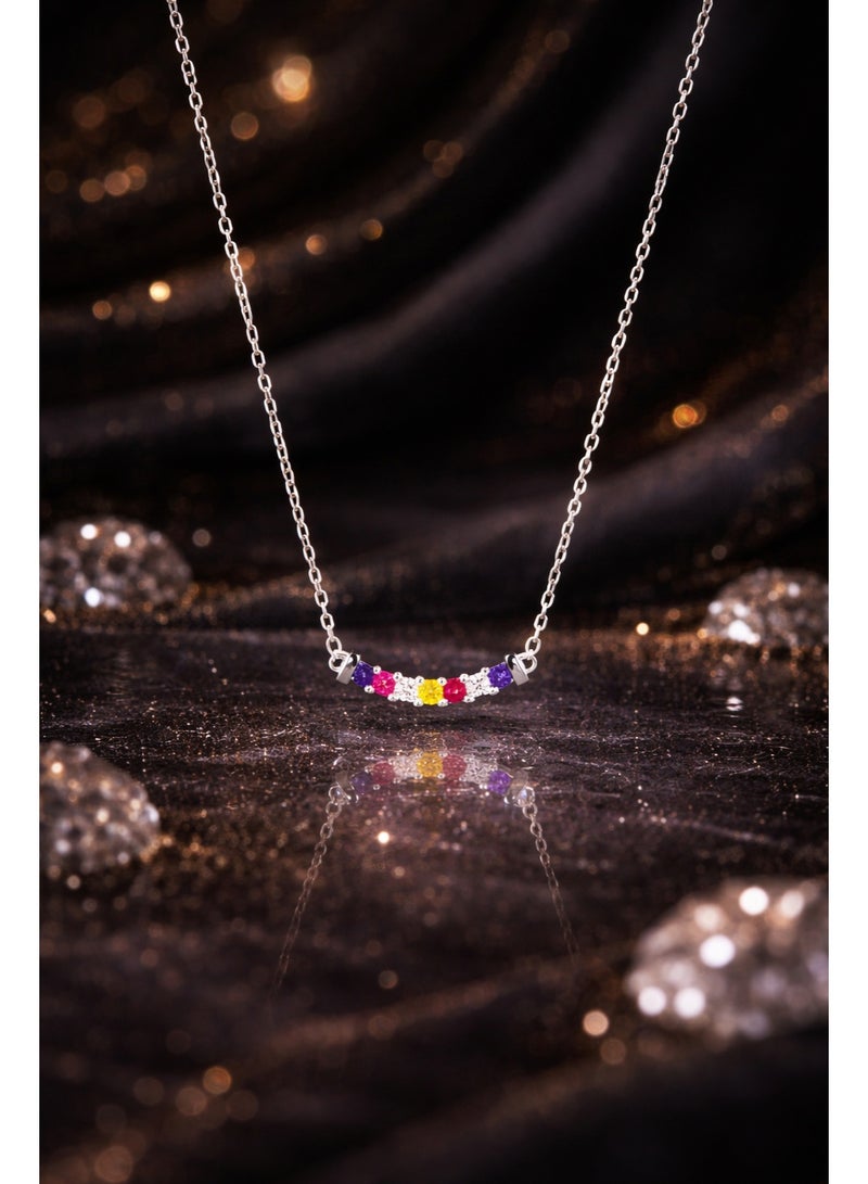 FINE SILVER 925 Sterling Silver Women's Arc Pendant Necklace with Vibrant Multi-Colored Gemstones - Image 3