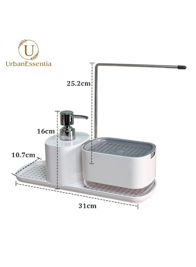 الأساسيات الحضرية مجموعة موزع صابون الأطباق للمطبخ، منظم حوض ٥ في ١ مع مضخة صابون الأطباق، موزع صابون اليدين، حامل إسفنج، رف مناشف، وحامل كرة سلكية فولاذية - كل ذلك في حامل حوض واحد. (أبيض) - Image 2