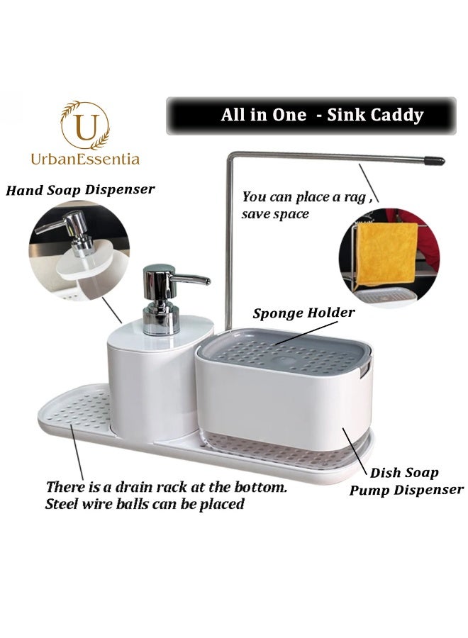 الأساسيات الحضرية مجموعة موزع صابون الأطباق للمطبخ، منظم حوض ٥ في ١ مع مضخة صابون الأطباق، موزع صابون اليدين، حامل إسفنج، رف مناشف، وحامل كرة سلكية فولاذية - كل ذلك في حامل حوض واحد. (أبيض) - Image 4
