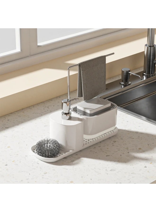الأساسيات الحضرية مجموعة موزع صابون الأطباق للمطبخ، منظم حوض ٥ في ١ مع مضخة صابون الأطباق، موزع صابون اليدين، حامل إسفنج، رف مناشف، وحامل كرة سلكية فولاذية - كل ذلك في حامل حوض واحد. (أبيض) - Image 1