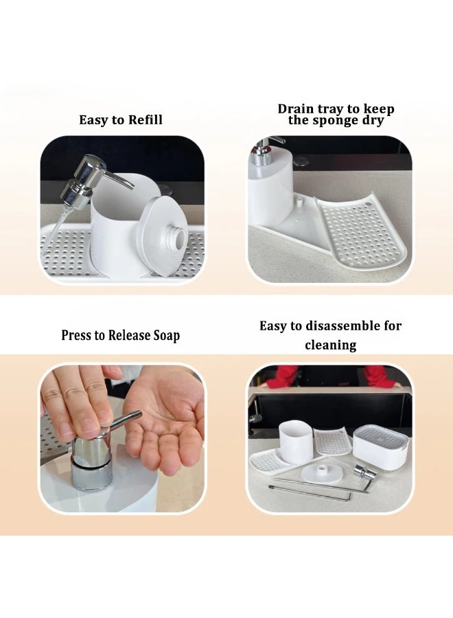 الأساسيات الحضرية مجموعة موزع صابون الأطباق للمطبخ، منظم حوض ٥ في ١ مع مضخة صابون الأطباق، موزع صابون اليدين، حامل إسفنج، رف مناشف، وحامل كرة سلكية فولاذية - كل ذلك في حامل حوض واحد. (أبيض) - Image 5