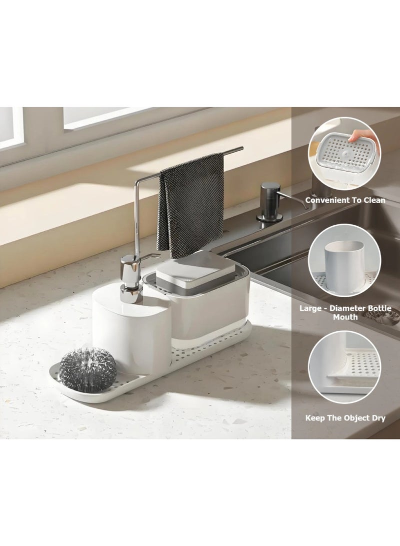 الأساسيات الحضرية مجموعة موزع صابون الأطباق للمطبخ، منظم حوض ٥ في ١ مع مضخة صابون الأطباق، موزع صابون اليدين، حامل إسفنج، رف مناشف، وحامل كرة سلكية فولاذية - كل ذلك في حامل حوض واحد. (أبيض) - Image 3