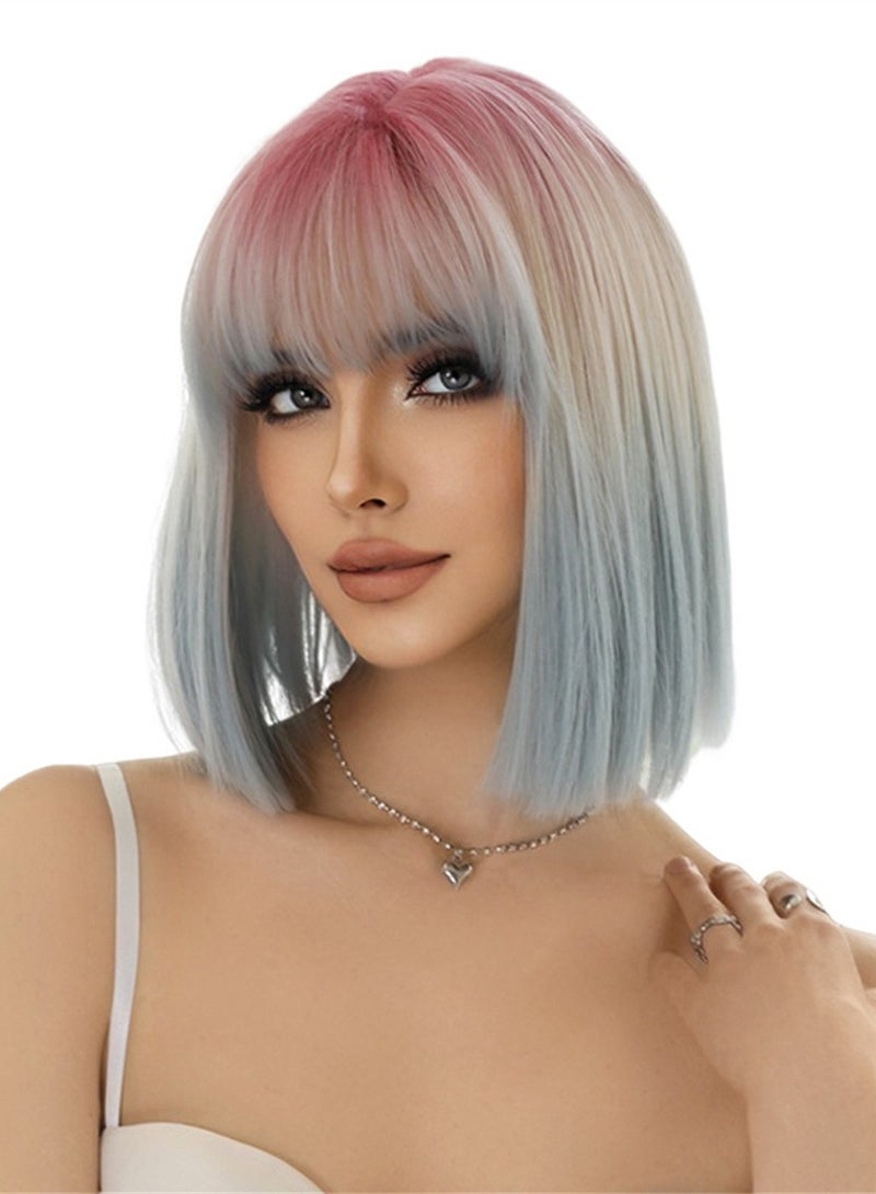 Short straight wig female pink gradient blue air bangs cosplay wig costumes dress up wig - Image 1