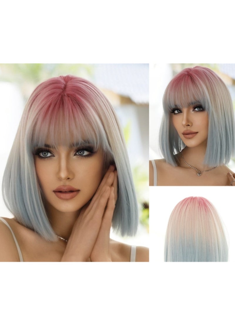 Short straight wig female pink gradient blue air bangs cosplay wig costumes dress up wig - Image 2