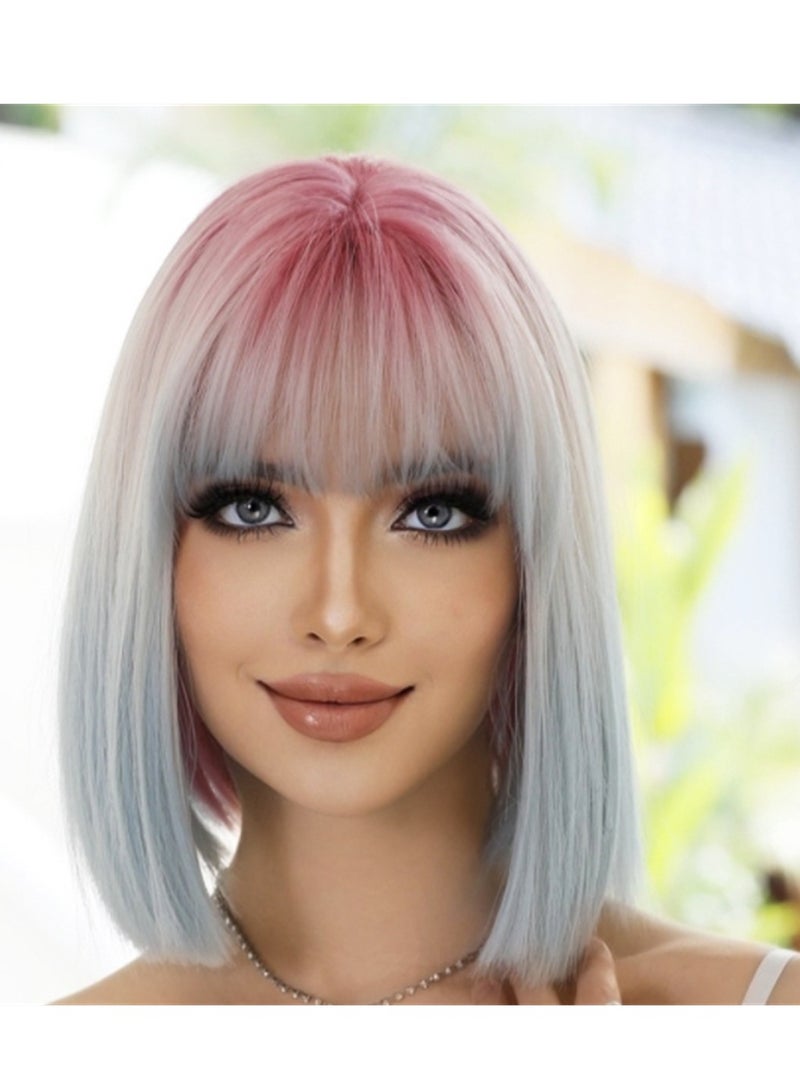 Short straight wig female pink gradient blue air bangs cosplay wig costumes dress up wig - Image 3