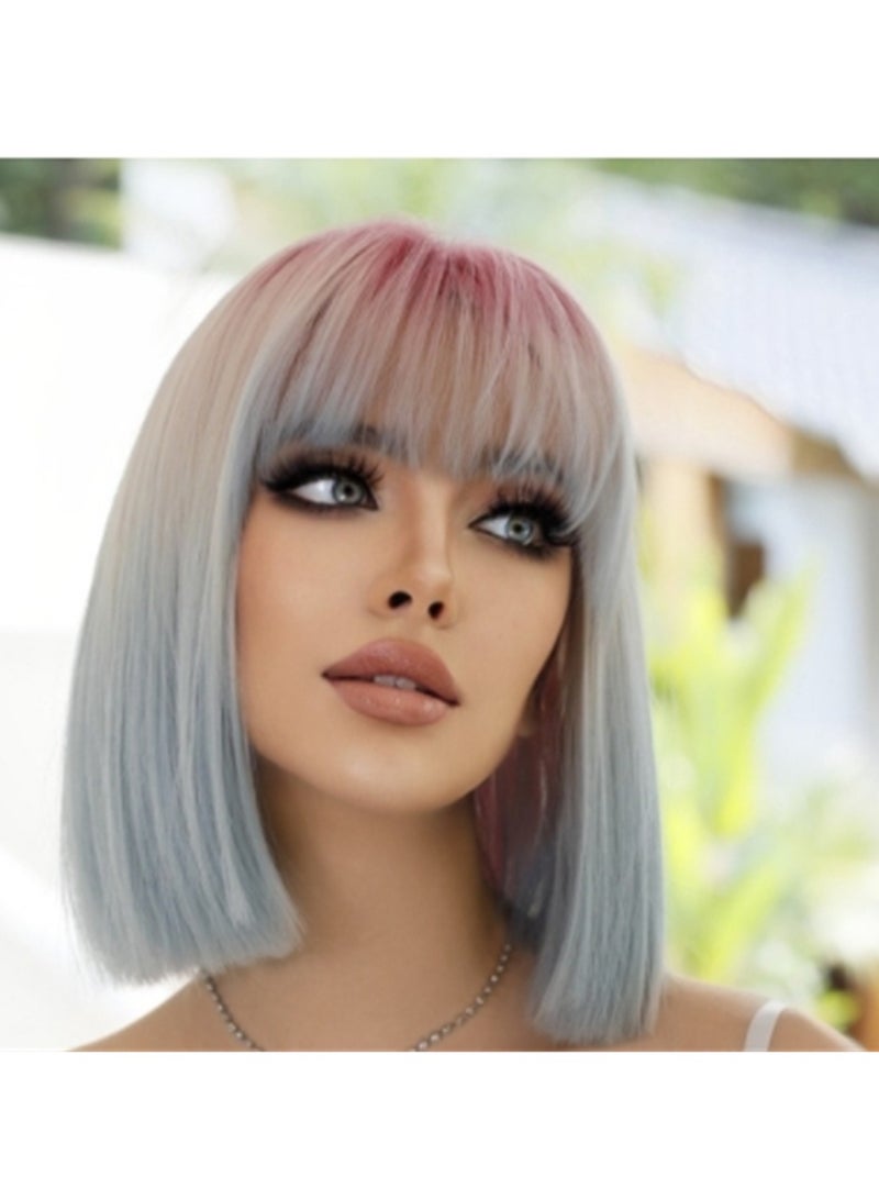 Short straight wig female pink gradient blue air bangs cosplay wig costumes dress up wig - Image 4