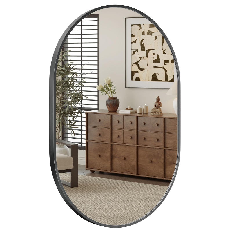 Dripex 50 x 70cm Oval Mirror Wall Mounted Bathroom Mirror Horizontal or Vertical Hanging Wall Mirror for Living Room Bedroom Entryway Black