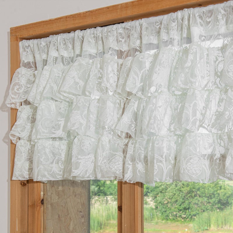 TUDECO Lace Valance for Windows 1 Panel - Vintage Ivory Ruffle Floral Kitchen Window Curtains Over Sink, Crochet Rustic Short Lace Valance for Nursery Laundry Closet Decor, 52 x 18 Inch, Cream - Image 1