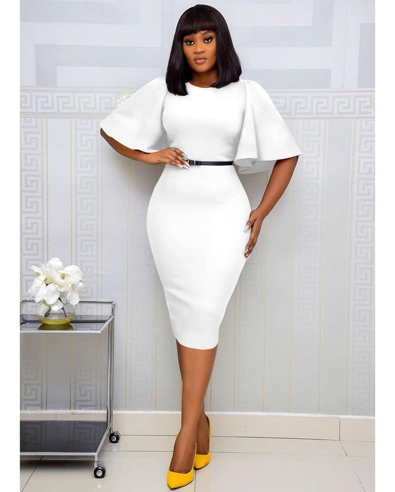 Memoriesea Women's Basic Bodycon Ruffle Flared Short Sleeve Pencil Midi Dress White - Image 2