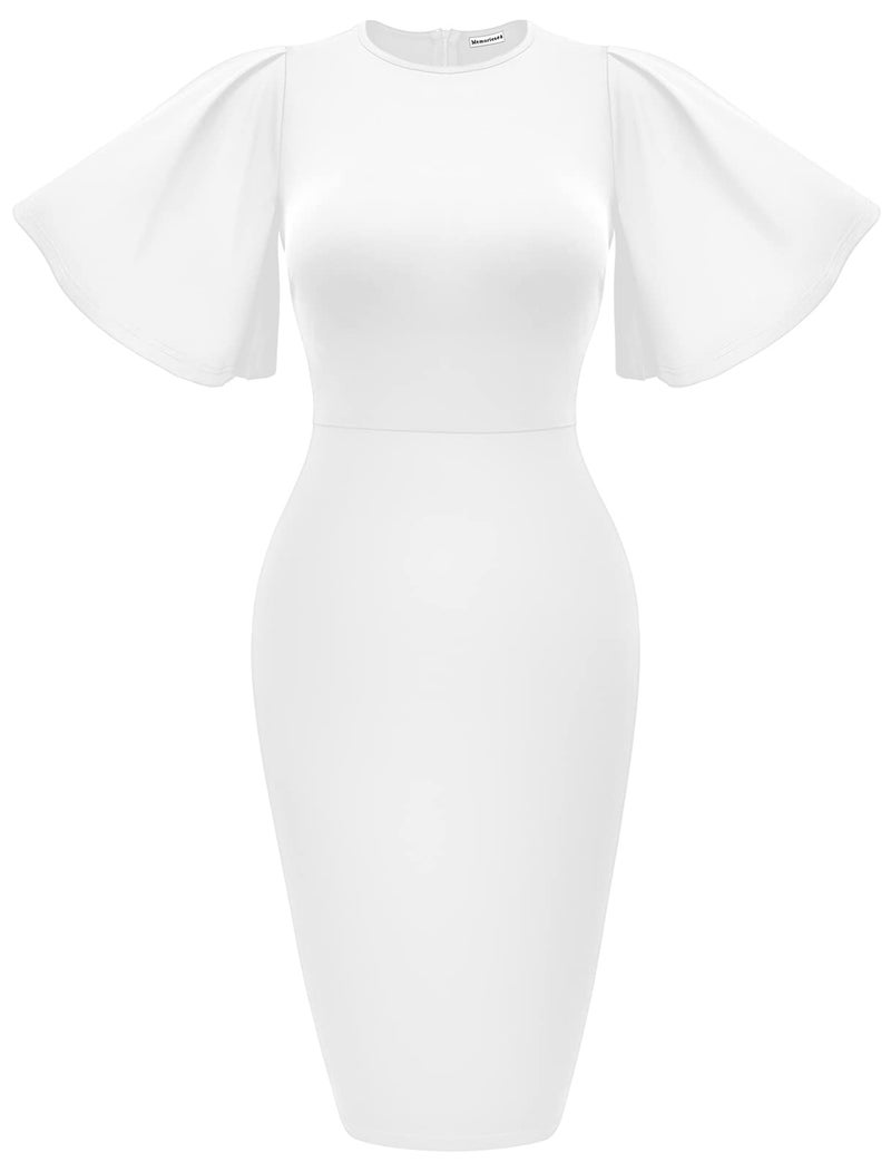 Memoriesea Women's Basic Bodycon Ruffle Flared Short Sleeve Pencil Midi Dress White - Image 1