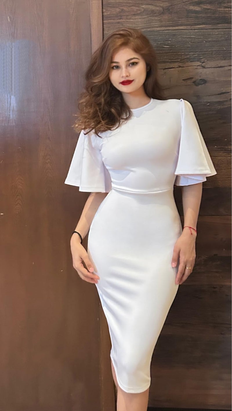 Memoriesea Women's Basic Bodycon Ruffle Flared Short Sleeve Pencil Midi Dress White - Image 5