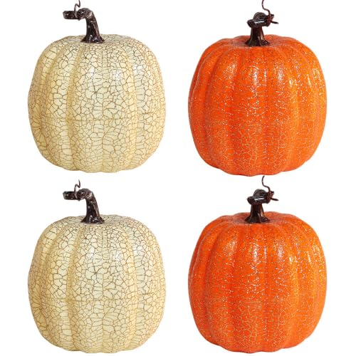 vensovo vensovo 6 Inch Large White Orange Cracked Design Pumpkins for Decorating - 4PCS Big White Brown Cracked Foam Decorative  - Image 2