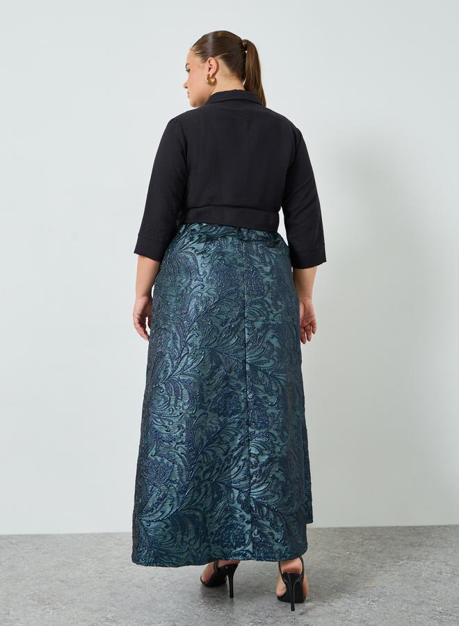 Styli Plus Size Blue Jacquard A-Line Maxi Dress - Image 5