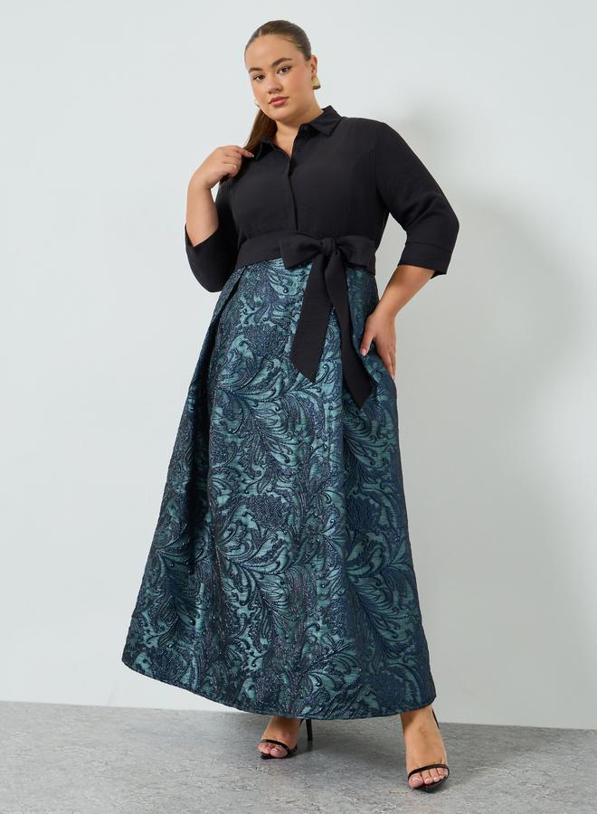 Styli Plus Size Blue Jacquard A-Line Maxi Dress - Image 1