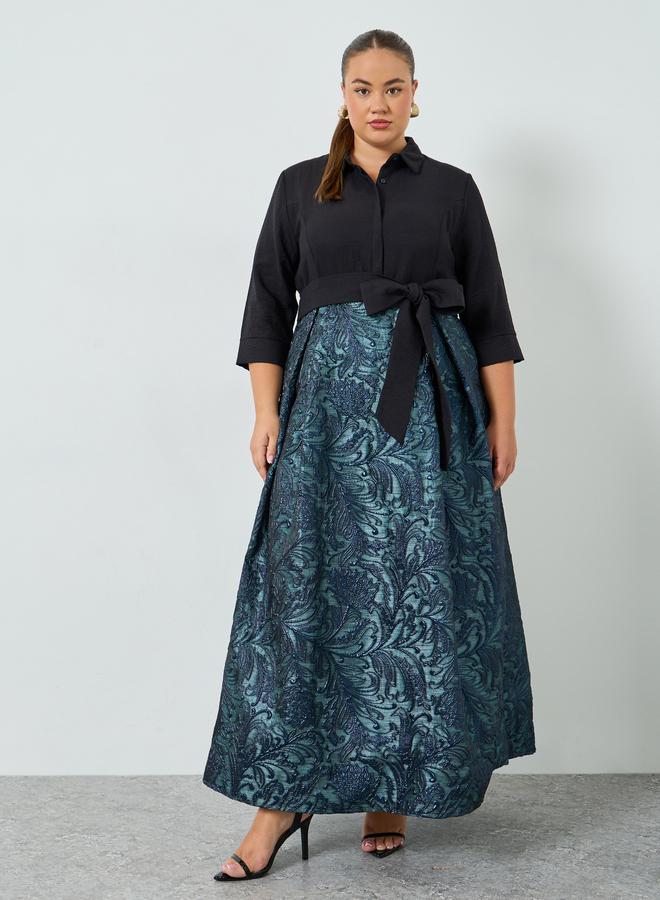 Styli Plus Size Blue Jacquard A-Line Maxi Dress - Image 3