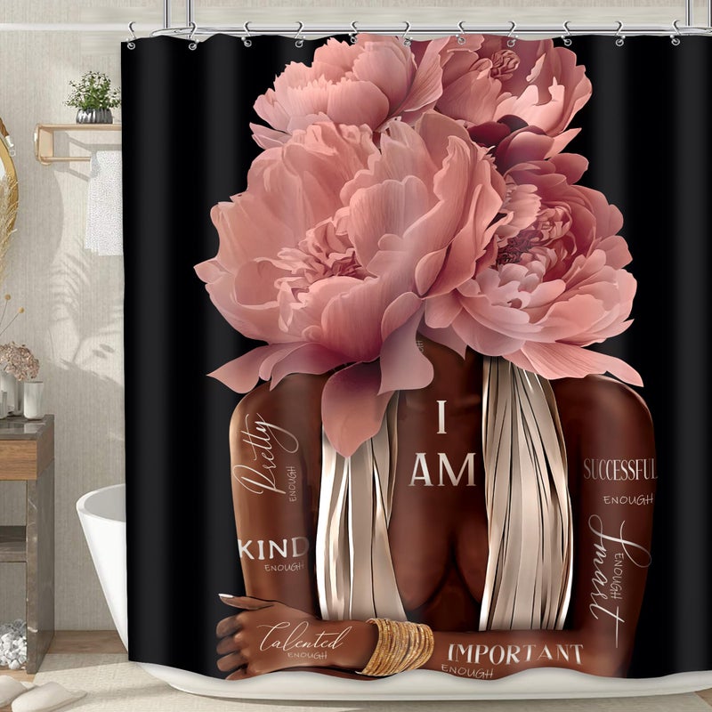 MESHELLY Pink Black Girl Shower Curtain 60Wx72H, Black Woman Peony Floral Quotes Girly Bathroom Curtain Set, African American Shower Curtain Set, Inspirational Modern Afro Bathroom Decor 12 Hooks - Image 1