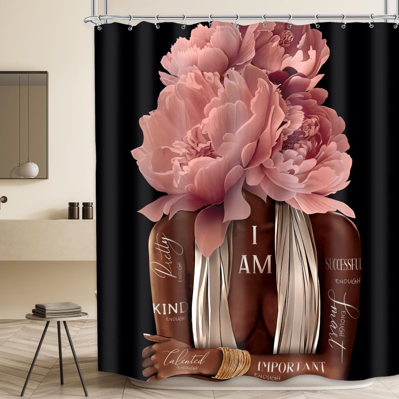 MESHELLY Pink Black Girl Shower Curtain 60Wx72H, Black Woman Peony Floral Quotes Girly Bathroom Curtain Set, African American Shower Curtain Set, Inspirational Modern Afro Bathroom Decor 12 Hooks - Image 2