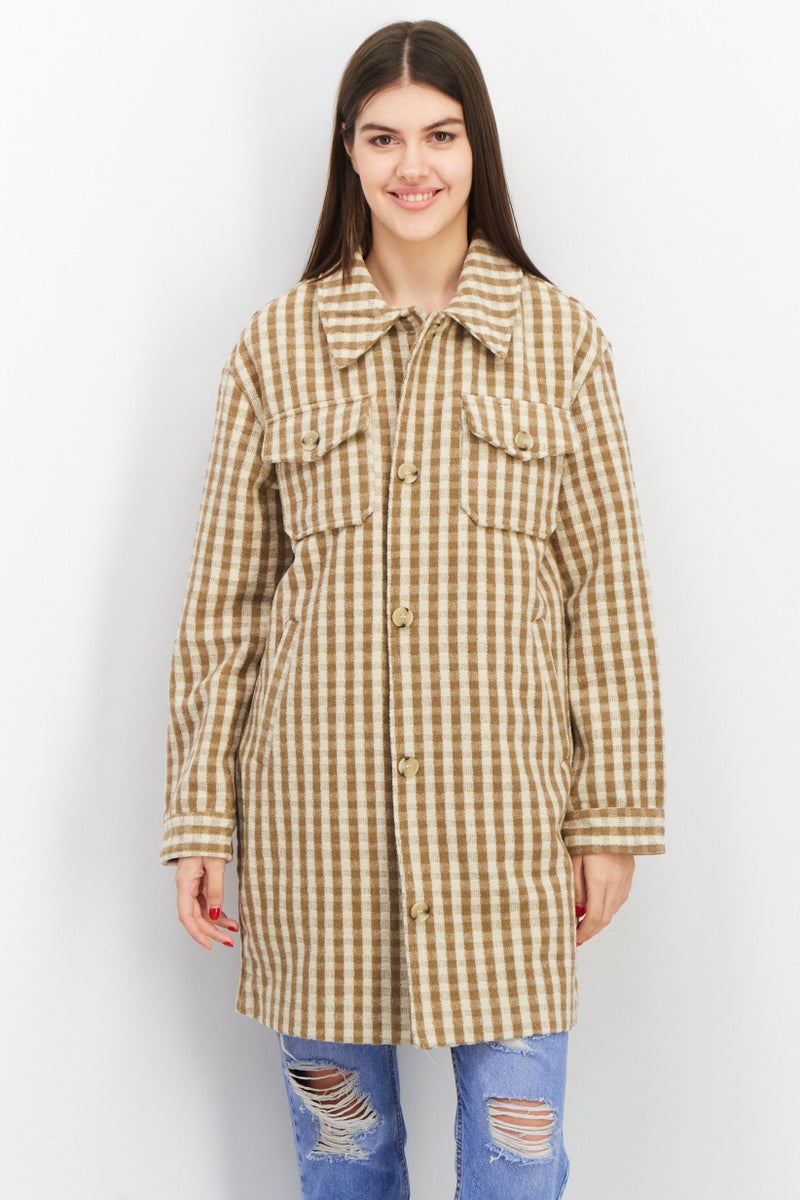NA-KD Women Checkered Trench Coat, Beige  - Image 1